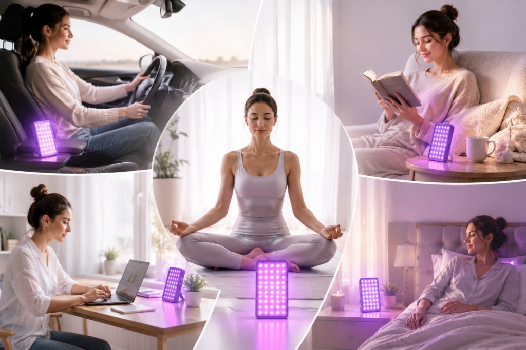 Fotobiomodulacija se pogosto povezuje z LED svetlobnimi paneli, rdečo in NIR svetlobo ter sodobnimi wellness rituali za dobro počutje.